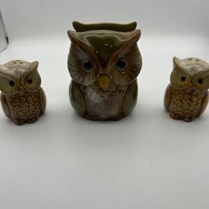Vintage Ceramic Owl Salt and Pepper Shakers and Napkin Holder Set Brown Green